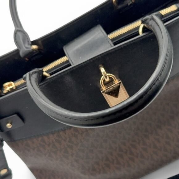 Michael Kors Brown Signature Monogram Gramercy Satchel Tote Bag with Lock Detail - Picture 10 of 14